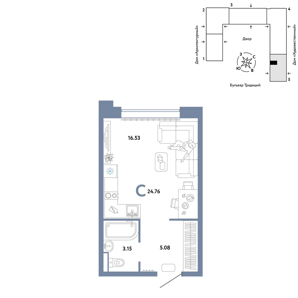 Планировка Студия, 24.76 м² ЖК «Микрорайон Домашний»