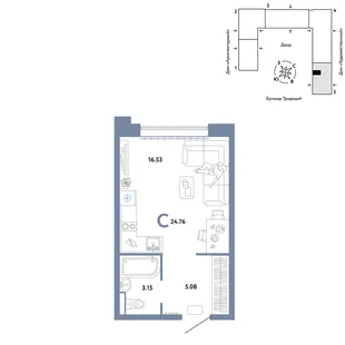 Планировка Студия, 24.76 м² ЖК «Микрорайон Домашний»