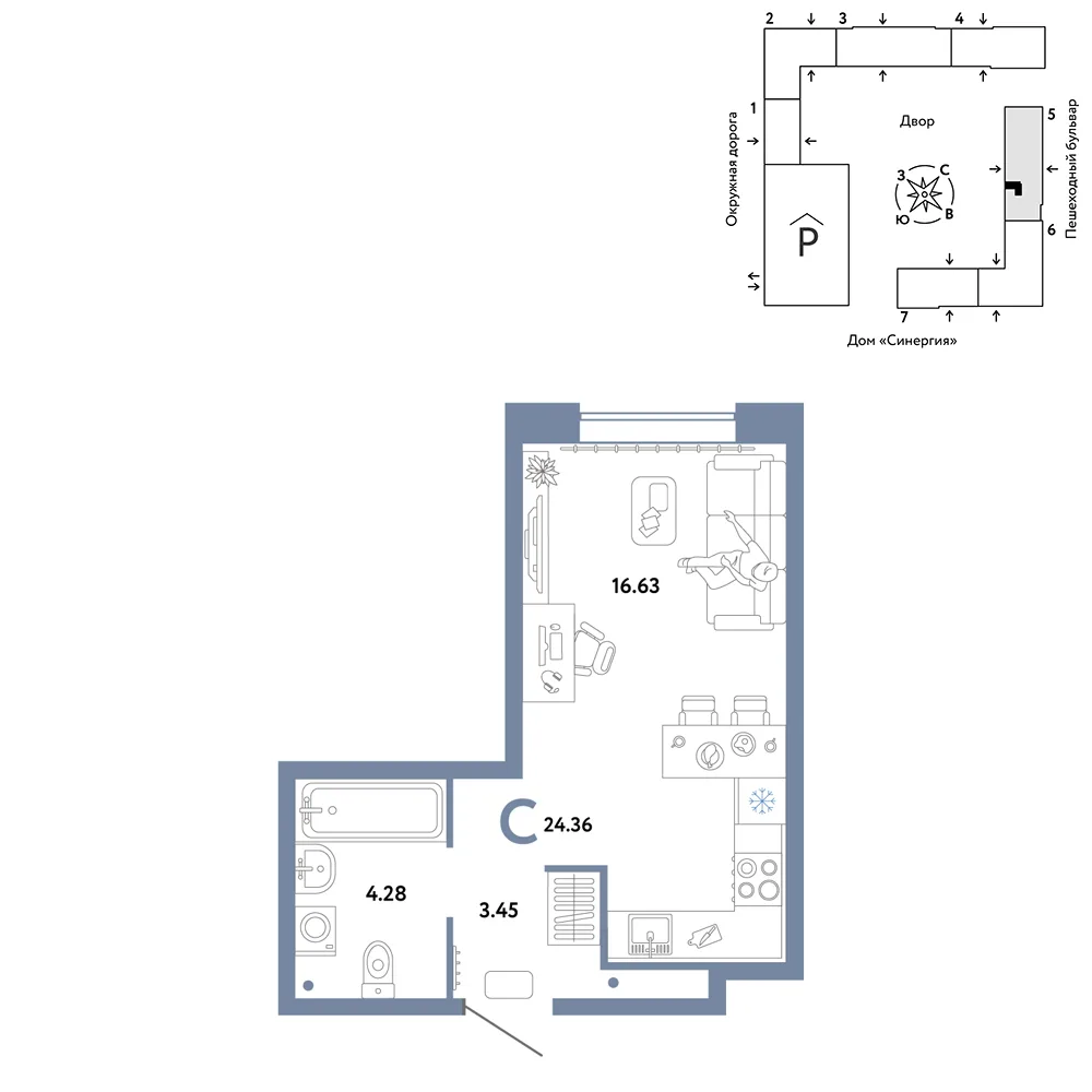 Планировка Студия, 24.36 м² ЖК «Юнион»