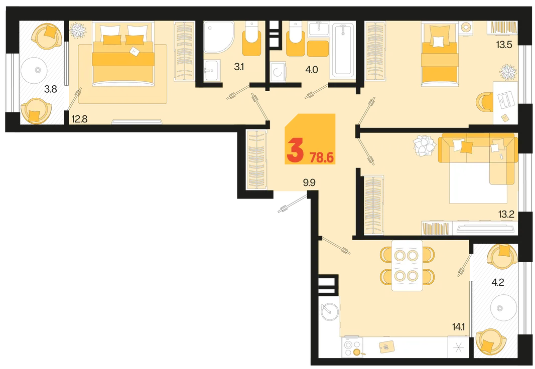 Планировка 3-комн. квартира, 78.6 м² ЖК «Первое место»