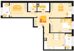 Планировка 3-комн. квартира, 78.6 м² ЖК «Первое место»