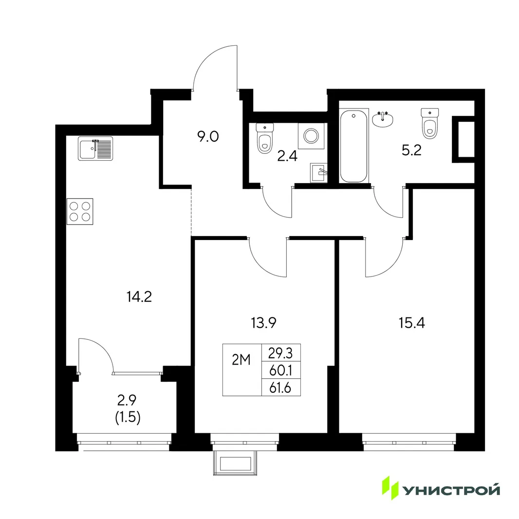 Планировка 2-комн. квартира, 61.6 м² ЖК «Стадиум»