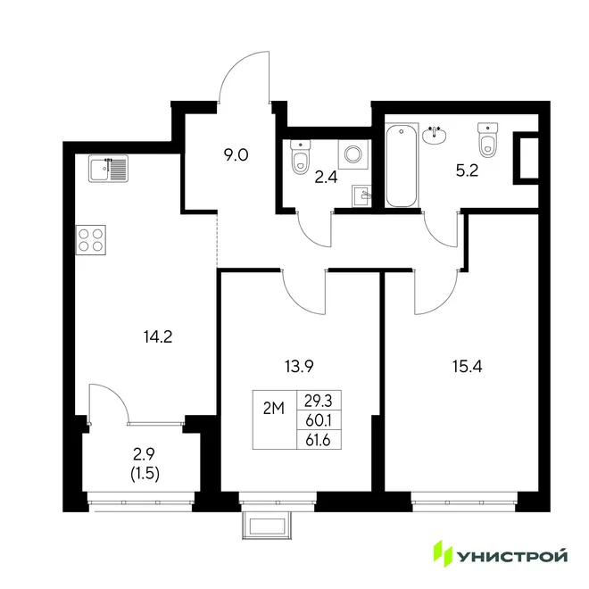 Планировка 2-комн. квартира, 61.6 м² ЖК «Стадиум»