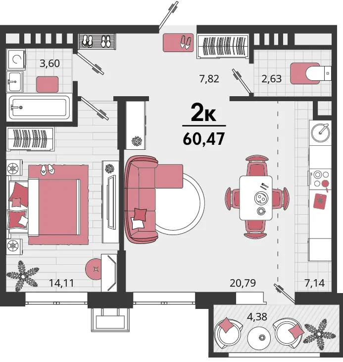 Планировка 2-комн. квартира, 60.47 м² ЖК «Родные просторы»