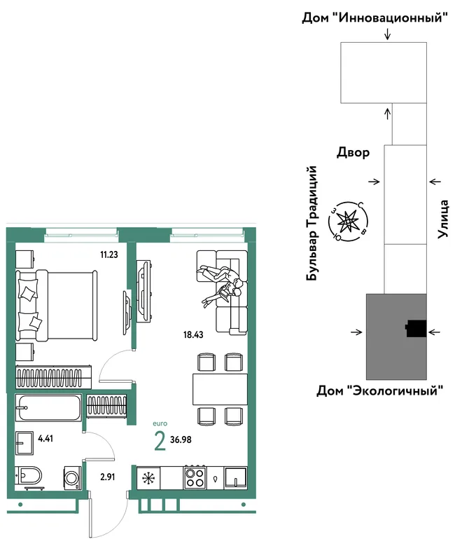 Планировка 2-комн. квартира, 36.98 м² ЖК «Микрорайон Домашний» Планировка 2-комн. квартира, 36.98 м² ЖК «Микрорайон Домашний»