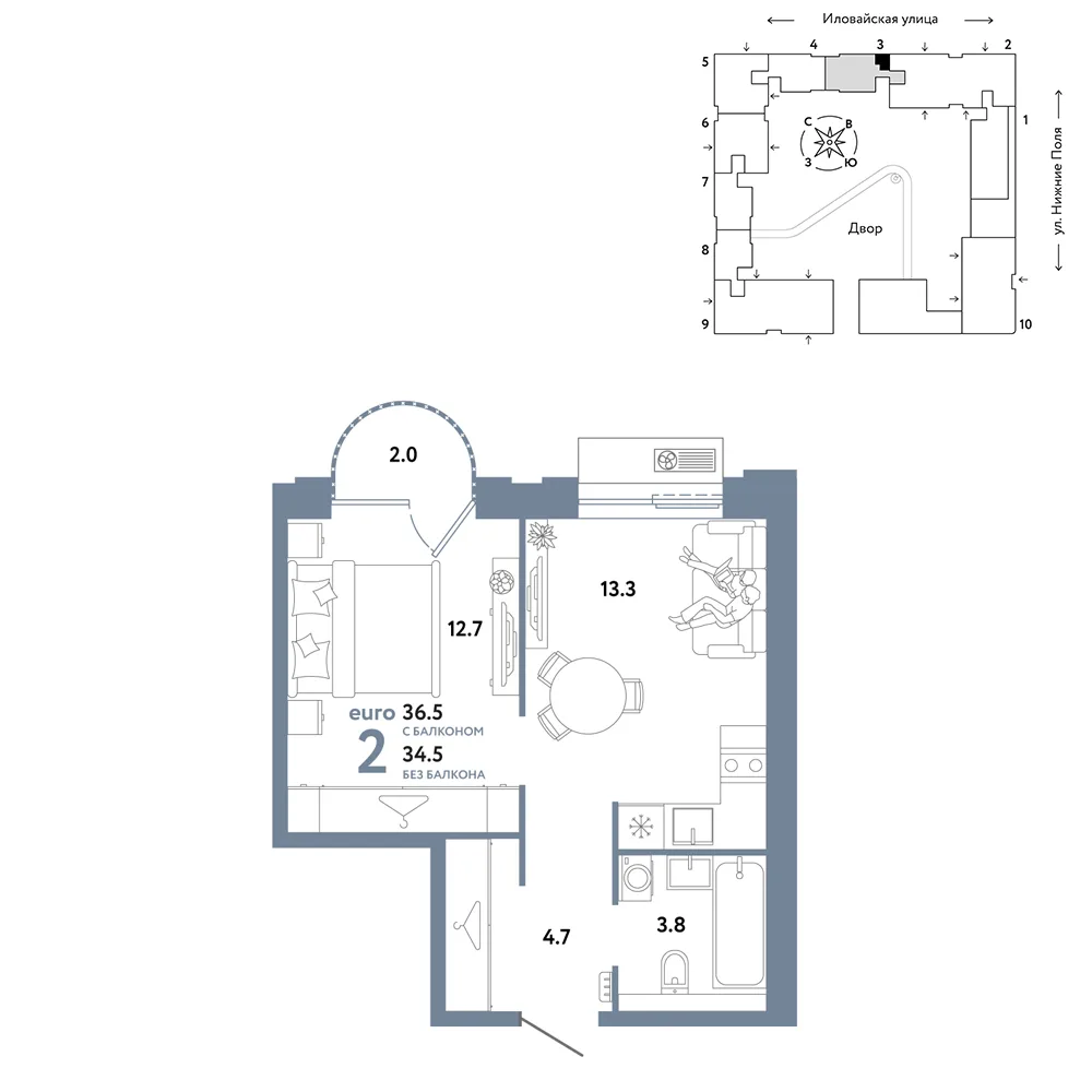Планировка 2-комн. квартира, 36.5 м² ЖК «Страна.Заречная»