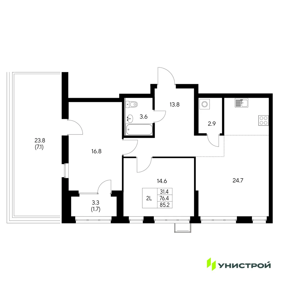Планировка 2-комн. квартира, 85.2 м² ЖК «Стадиум»