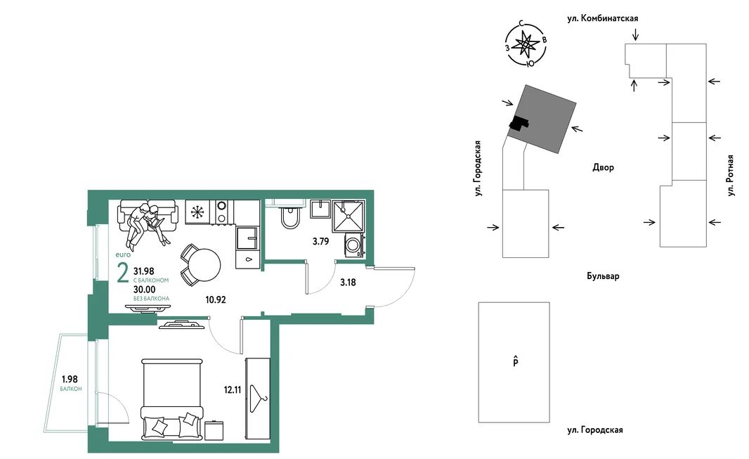 Планировка 2-комн. квартира, 31.98 м² ЖК «Уральский сад»