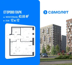 Планировка 1-комн. квартира, 43.65 м² ЖК «Егорово Парк»