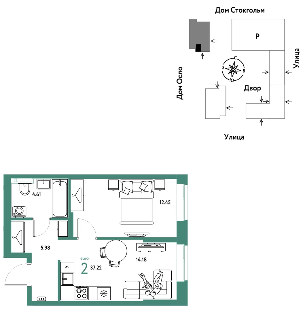 Планировка 2-комн. квартира, 37.22 м² ЖК «Европейский берег 2.0»