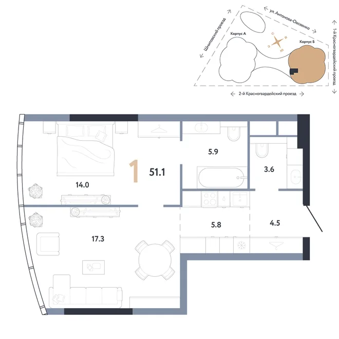 Планировка 1-комн. квартира, 51.1 м² ЖК «АУРУС Резиденции» Планировка 1-комн. квартира, 51.1 м² ЖК «АУРУС Резиденции»