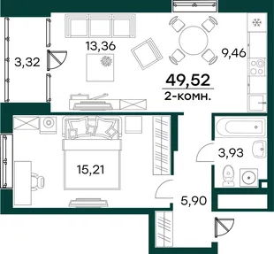 Квартира 2-комн. квартира, 49.52 м² ЖК «Аквамарин 2» Фото 2
