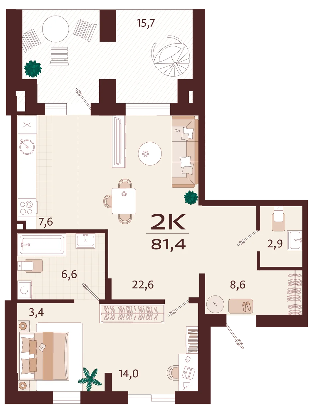 Планировка 2-комн. квартира, 81.4 м² ЖК «Роялта»