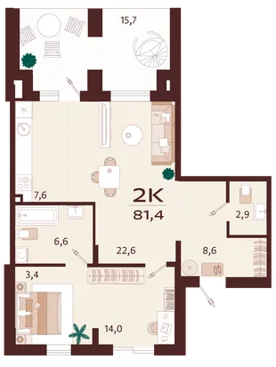 Планировка 2-комн. квартира, 81.4 м² ЖК «Роялта»