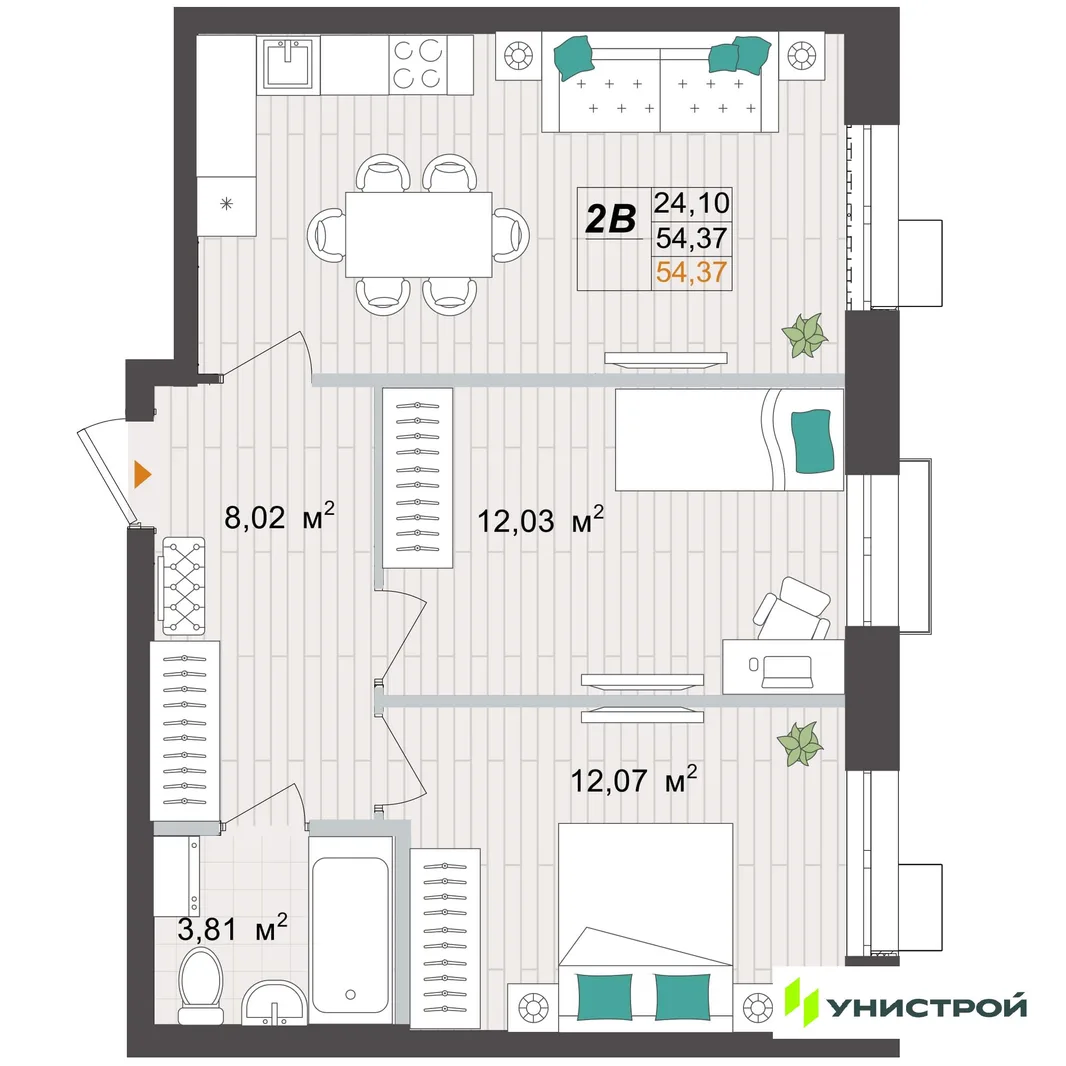 Планировка 2-комн. квартира, 54.37 м² ЖК «Аквамарин»