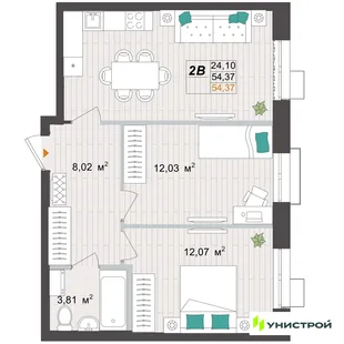 Планировка 2-комн. квартира, 54.37 м² ЖК «Аквамарин»