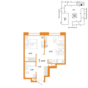 Планировка 1-комн. квартира, 34.69 м² ЖК «Юнион»