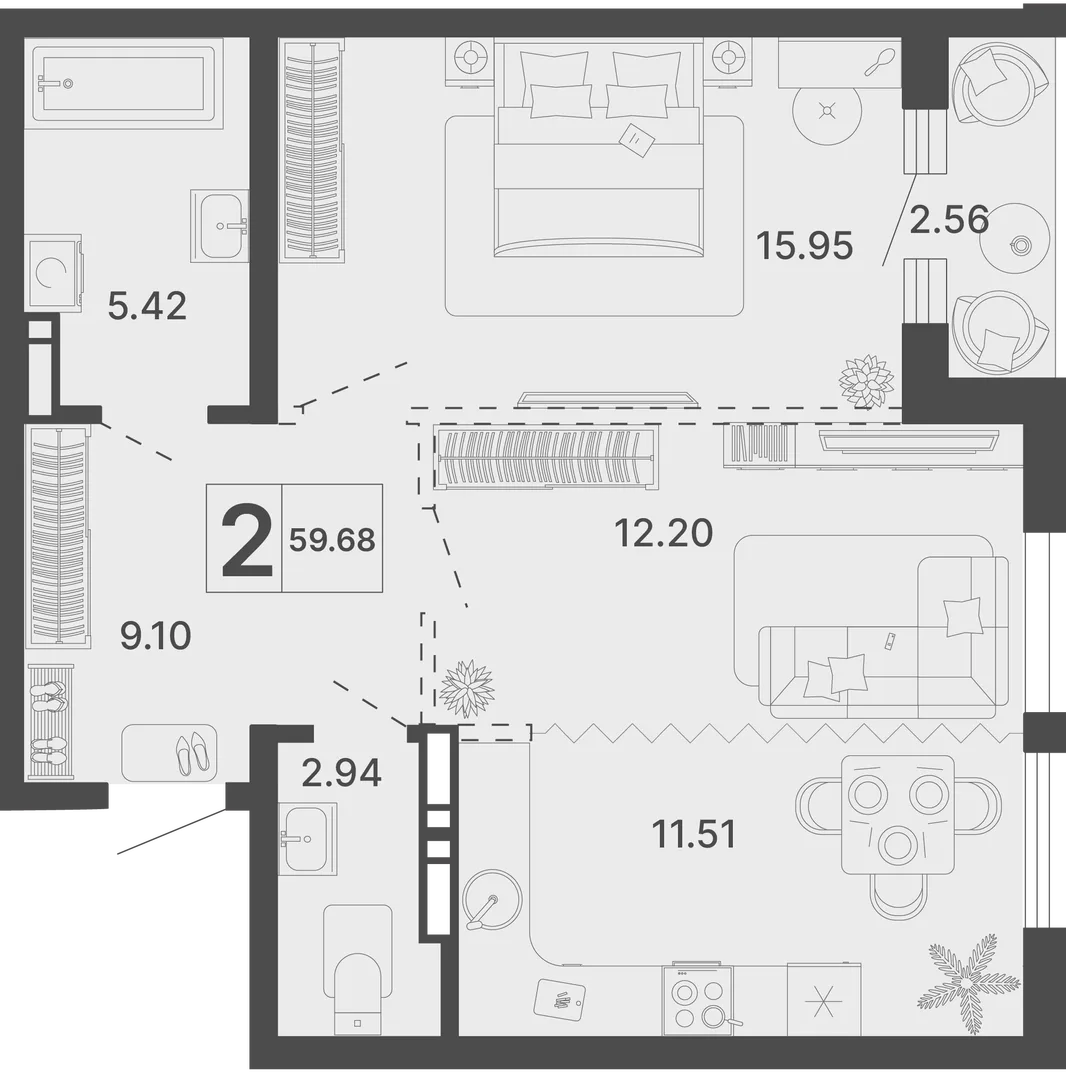 Планировка 2-комн. квартира, 59.68 м² ЖК «Светский лес»
