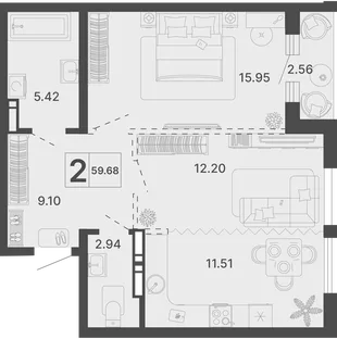 Планировка 2-комн. квартира, 59.68 м² ЖК «Светский лес»