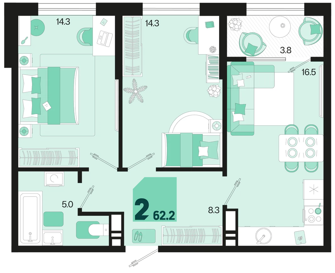 Планировка 2-комн. квартира, 62.2 м² ЖК «Первое место»