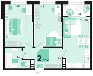 Планировка 2-комн. квартира, 62.2 м² ЖК «Первое место»
