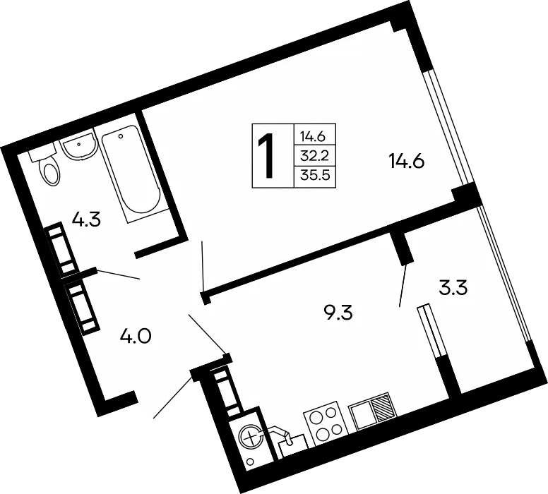 Планировка 1-комн. квартира, 35.5 м² ЖК «Семейный»