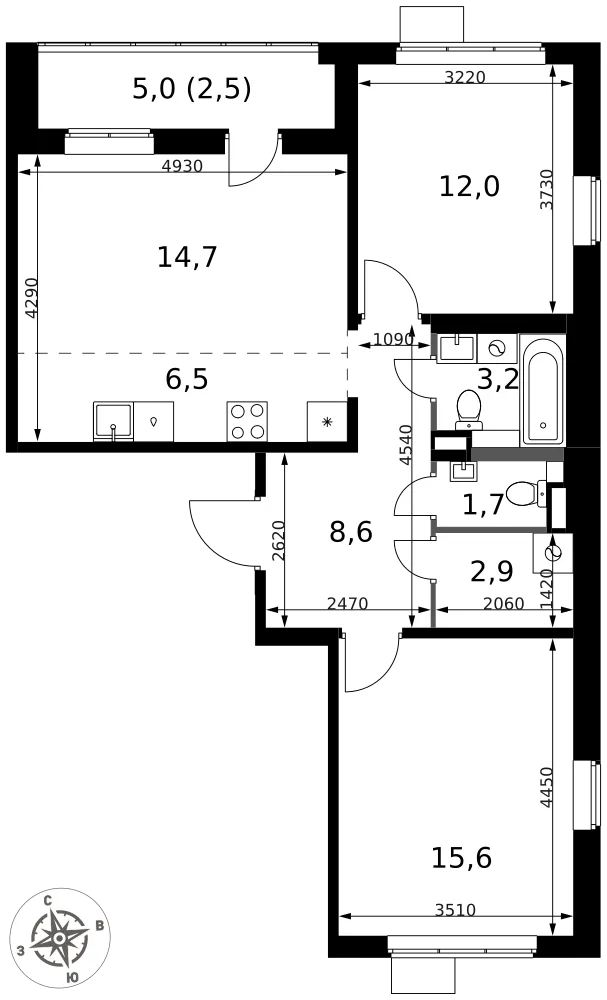 Планировка 3-комн. квартира, 67.7 м² ЖК «1-й Химкинский»