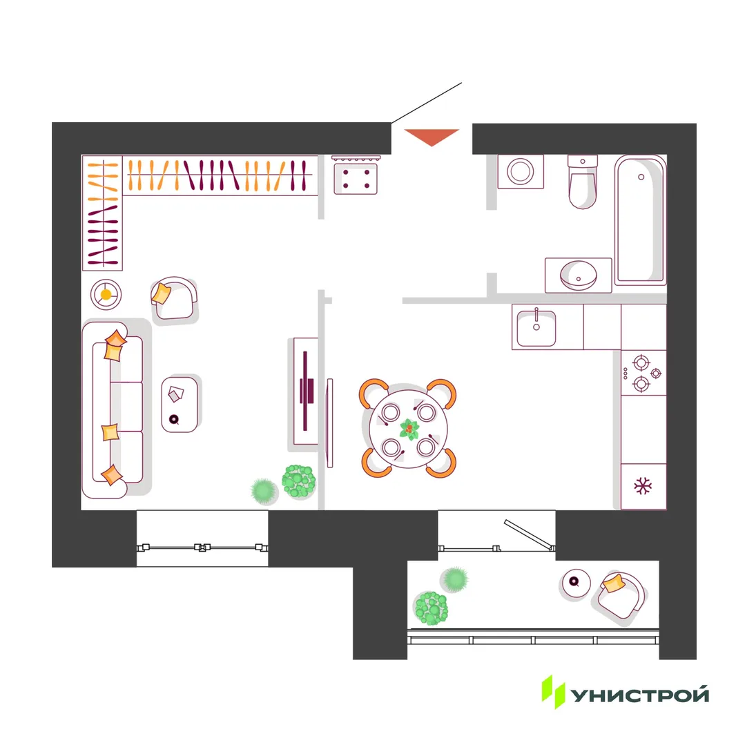 Планировка 1-комн. квартира, 35.22 м² ЖК «Южный бульвар 2»