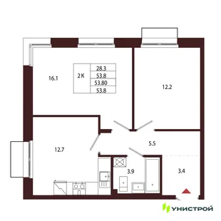 Планировка 2-комн. квартира, 53.8 м² ЖК «Лисино»