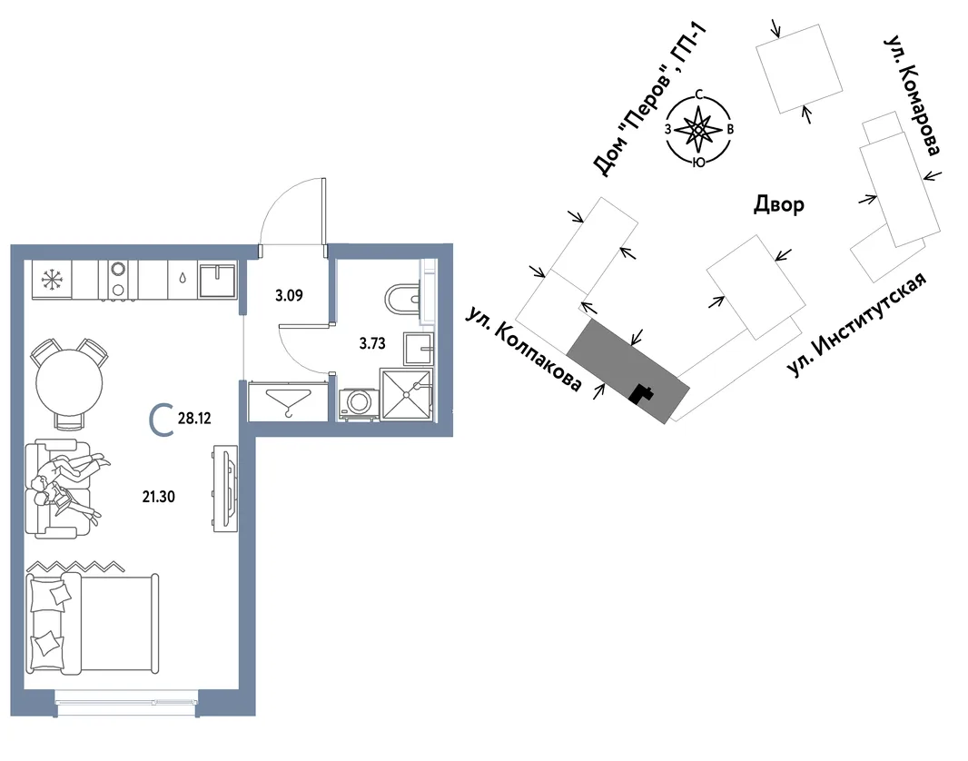 Планировка Студия, 28.12 м² ЖК «Страна.Парковая»