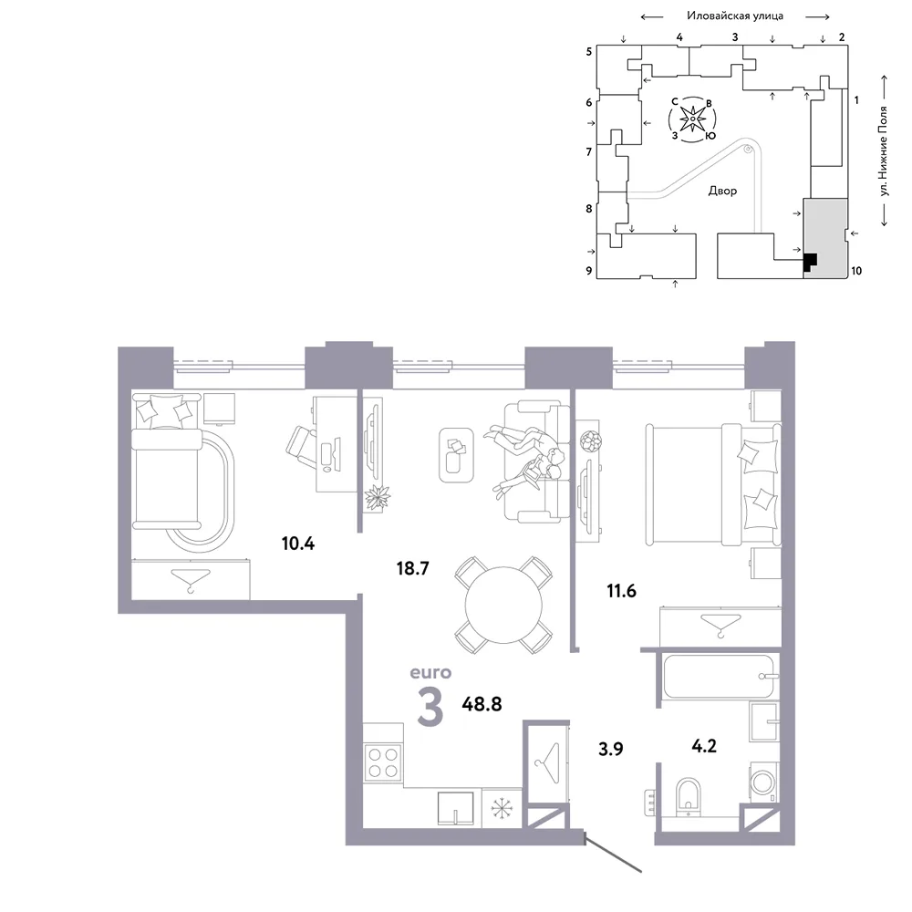 Планировка 3-комн. квартира, 48.8 м² ЖК «Страна.Заречная»