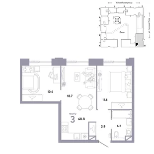 Планировка 3-комн. квартира, 48.8 м² ЖК «Страна.Заречная»