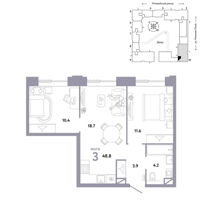 Планировка 3-комн. квартира, 48.8 м² ЖК «Страна.Заречная» Планировка 3-комн. квартира, 48.8 м² ЖК «Страна.Заречная»