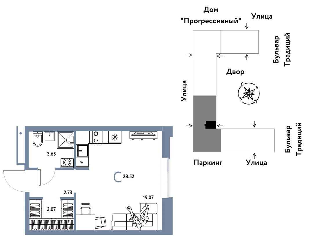Планировка Студия, 28.52 м² ЖК «Микрорайон Домашний»