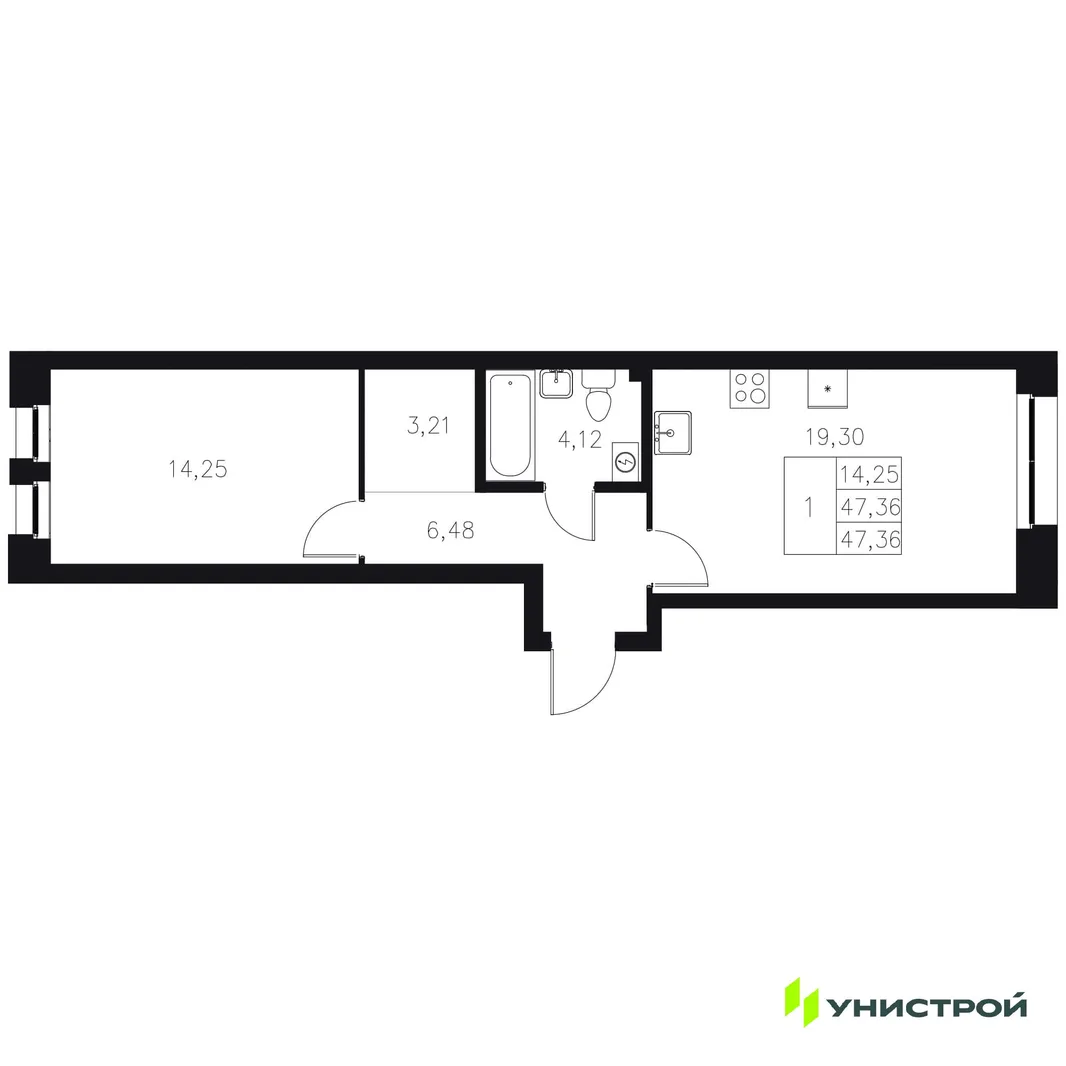 Планировка 1-комн. квартира, 47.36 м² ЖК «Statum»