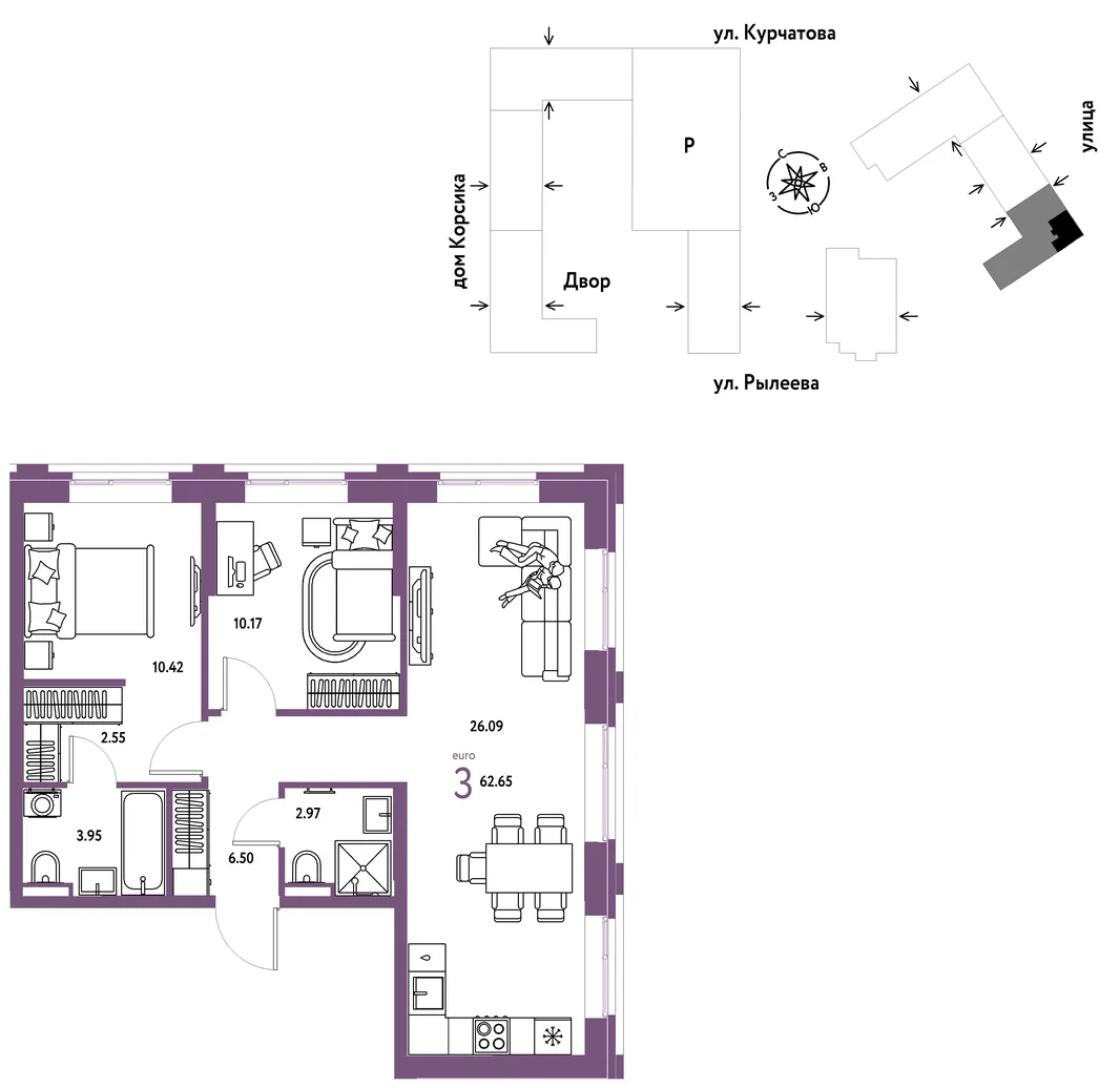 Планировка 3-комн. квартира, 62.99 м² ЖК «Остров-сад»