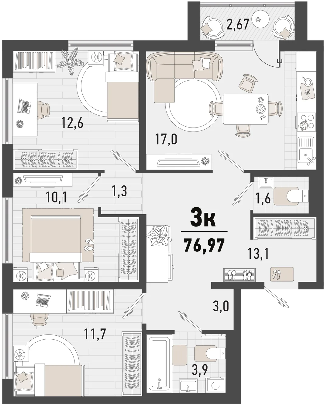 Планировка 3-комн. квартира, 76.97 м² ЖК «Барса»
