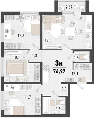 Планировка 3-комн. квартира, 76.97 м² ЖК «Барса»