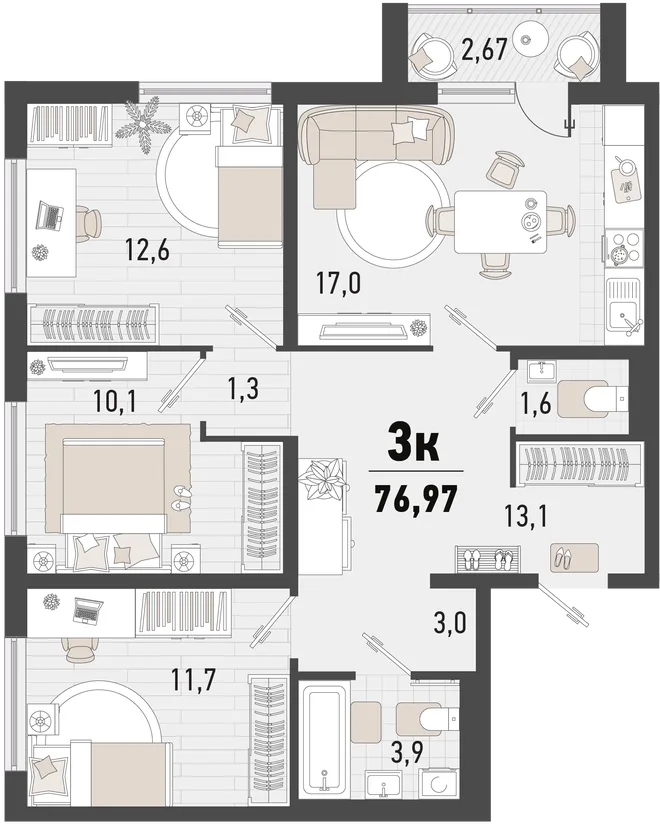 Планировка 3-комн. квартира, 76.97 м² ЖК «Барса» Планировка 3-комн. квартира, 76.97 м² ЖК «Барса»
