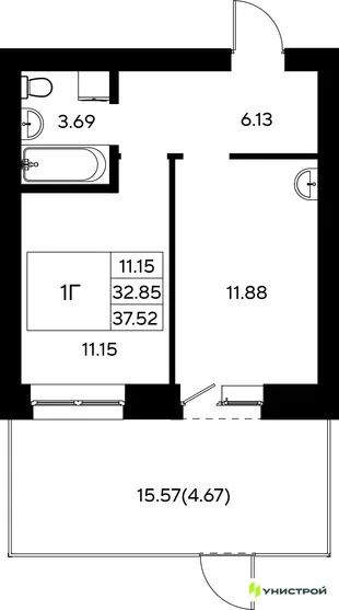 Планировка 1-комн. квартира, 37.52 м² ЖК «Царёво City»
