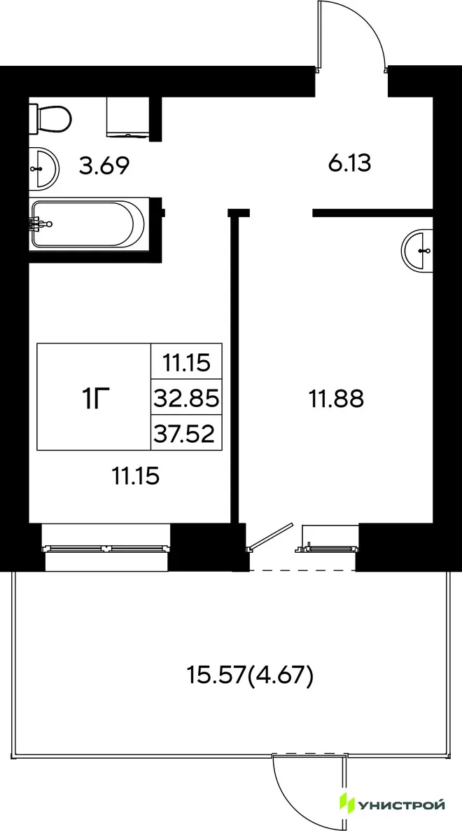 Планировка 1-комн. квартира, 37.52 м² ЖК «Царёво City»