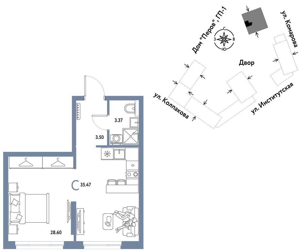 Планировка Студия, 35.47 м² ЖК «Страна.Парковая»