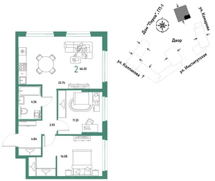Планировка 2-комн. квартира, 66.5 м² ЖК «Страна.Парковая»