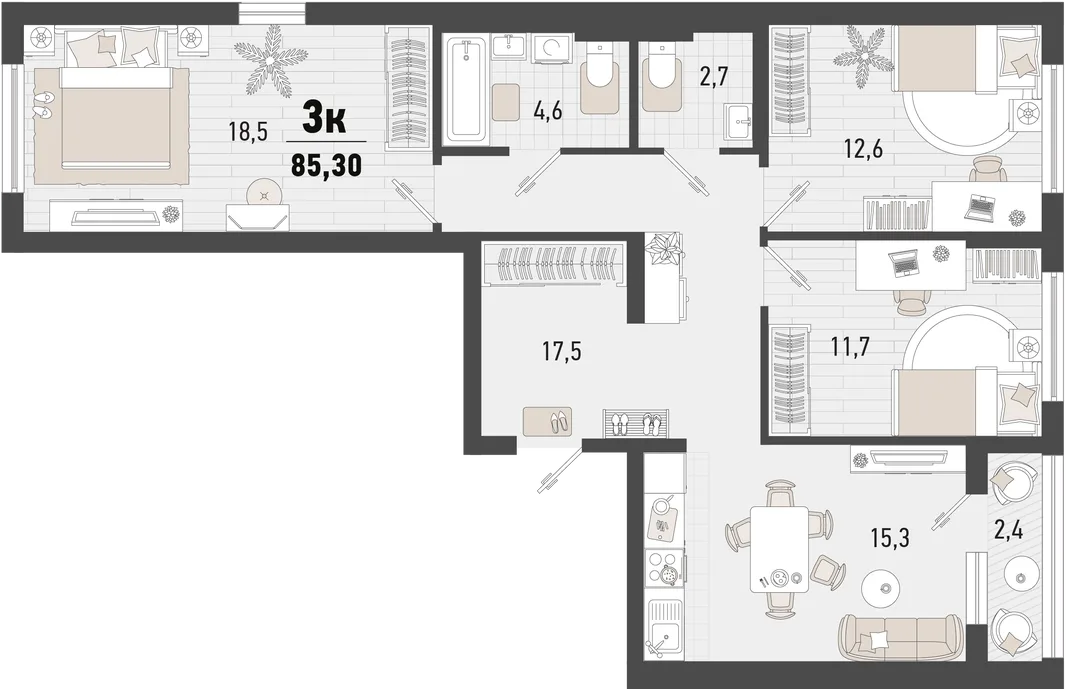 Планировка 3-комн. квартира, 85.3 м² ЖК «Барса»