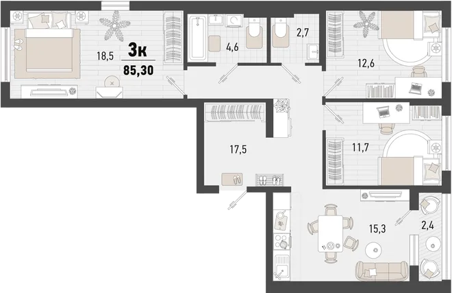 Планировка 3-комн. квартира, 85.3 м² ЖК «Барса» Планировка 3-комн. квартира, 85.3 м² ЖК «Барса»