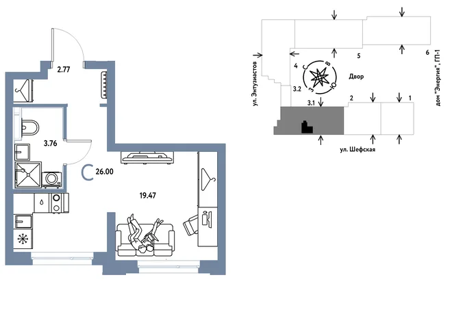 Планировка Студия, 26 м² ЖК «Страна.Энтузиастов» Планировка Студия, 26 м² ЖК «Страна.Энтузиастов»