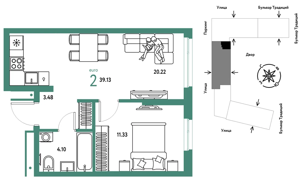 Планировка 2-комн. квартира, 39.13 м² ЖК «Микрорайон Домашний»
