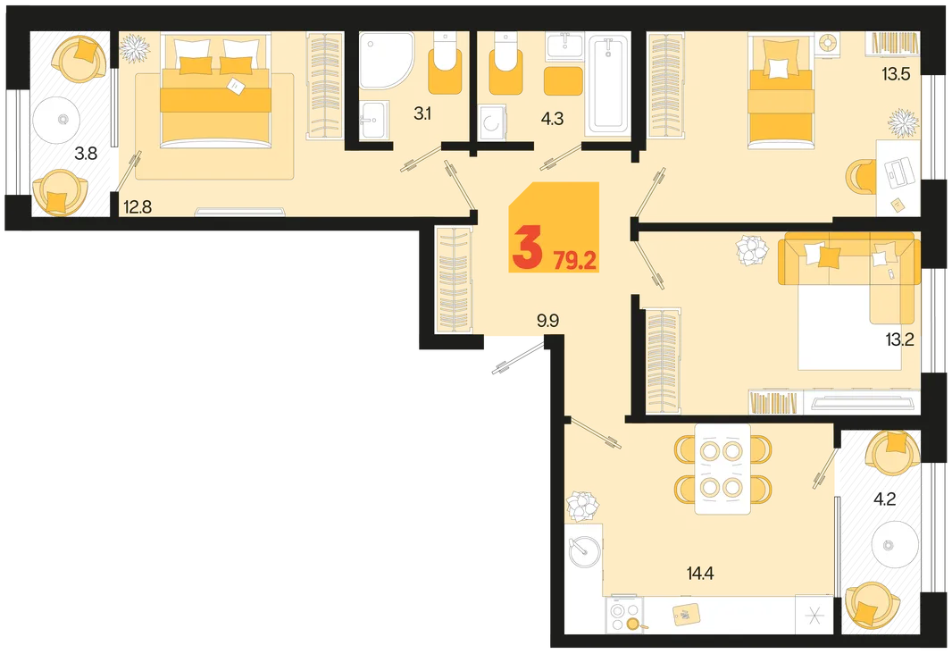 Планировка 3-комн. квартира, 79.2 м² ЖК «Первое место»