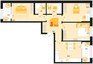 Планировка 3-комн. квартира, 79.2 м² ЖК «Первое место»