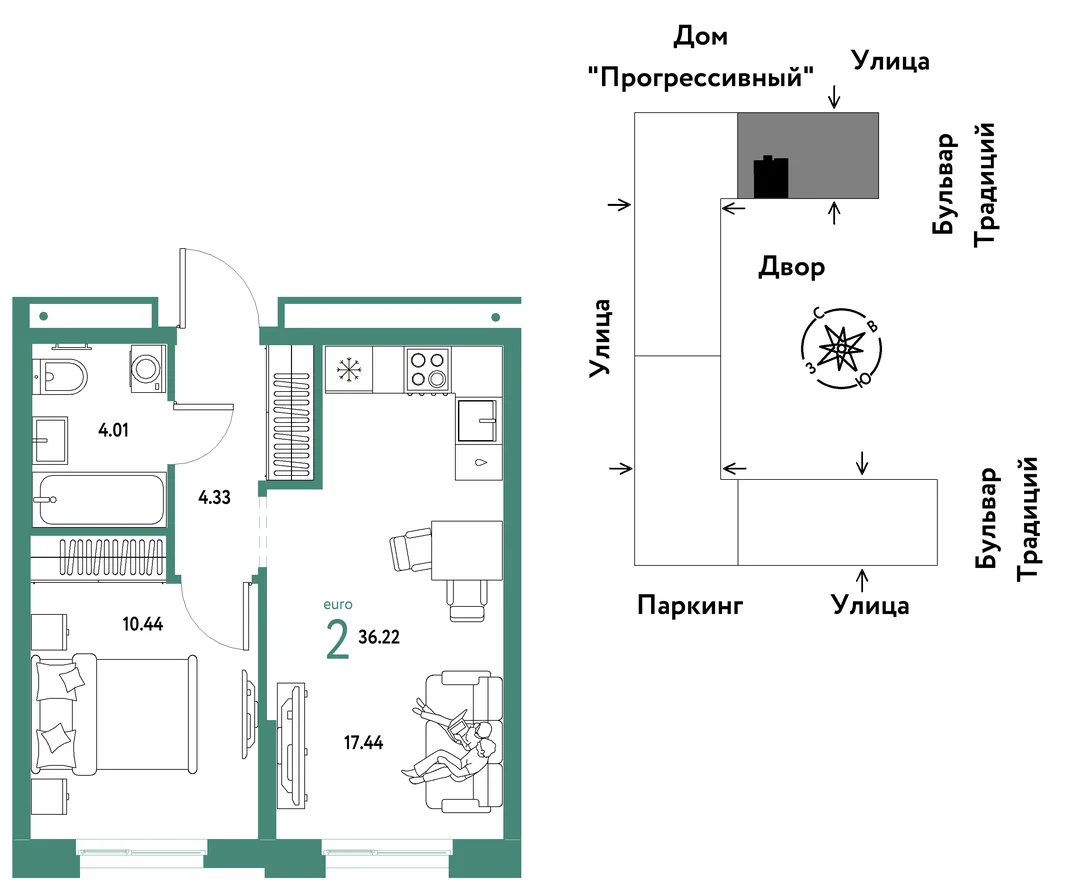 Планировка 2-комн. квартира, 36.22 м² ЖК «Микрорайон Домашний»